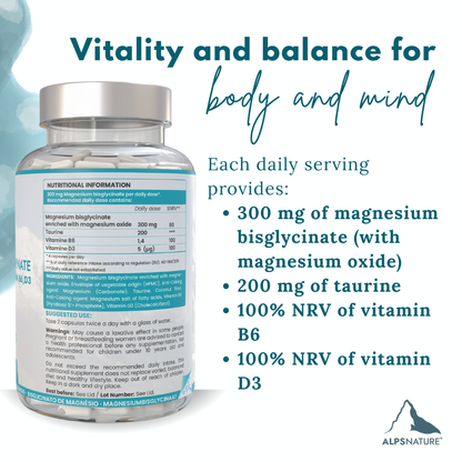 Magnesium Bisglycinate Premium + Taurine & Vitamins B6, D3